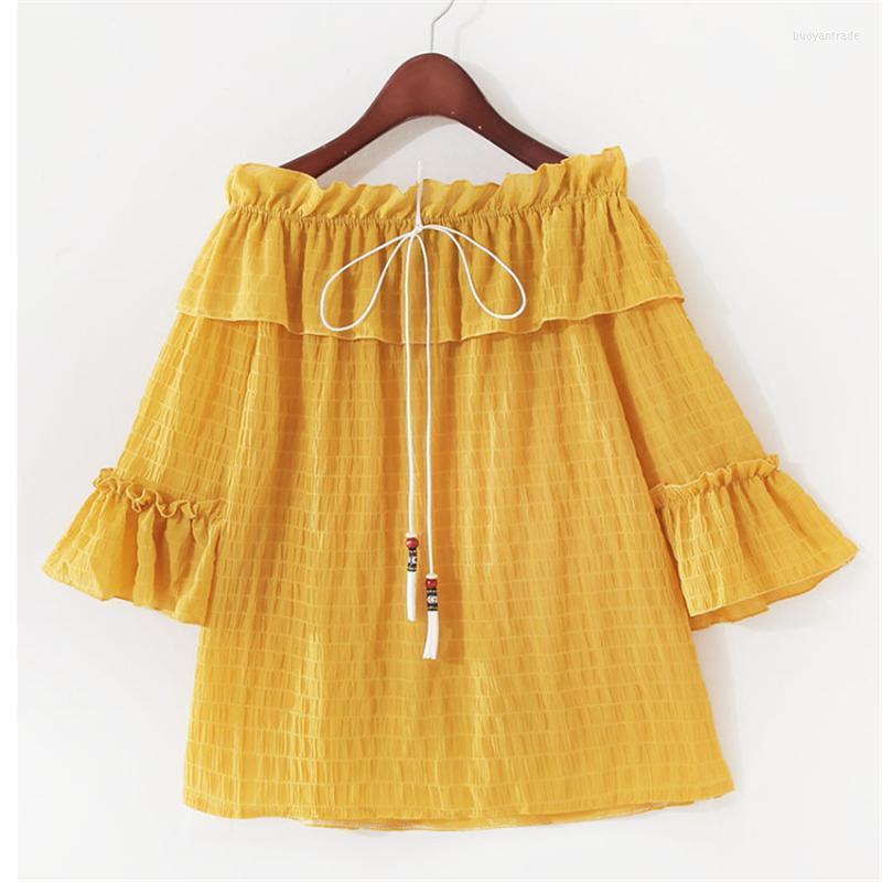 

Women's T Shirts Women's T-Shirt Gowyimmes 2022 Summer Women Off Shoulder Chiffon Shirt Girl Slash Neck Lady Flare Sleeve Tops, Beige