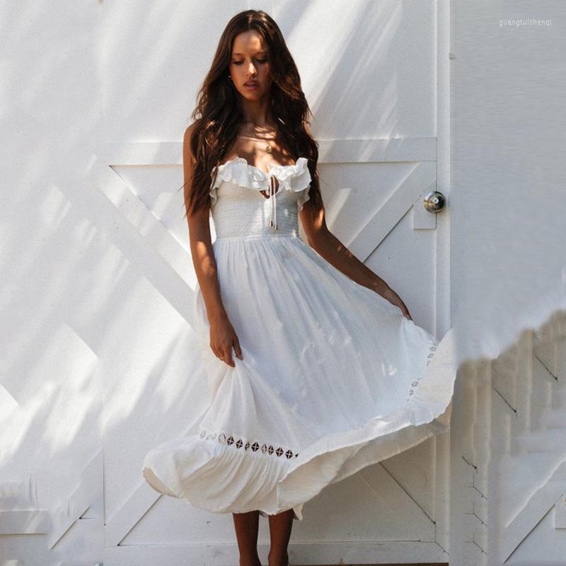 

Casual Dresses Elegant Woman Dress Spring Summer 2022 Sleeveless Ruffled With Elastic Midi Sexy Backless Beach Vestidos, White