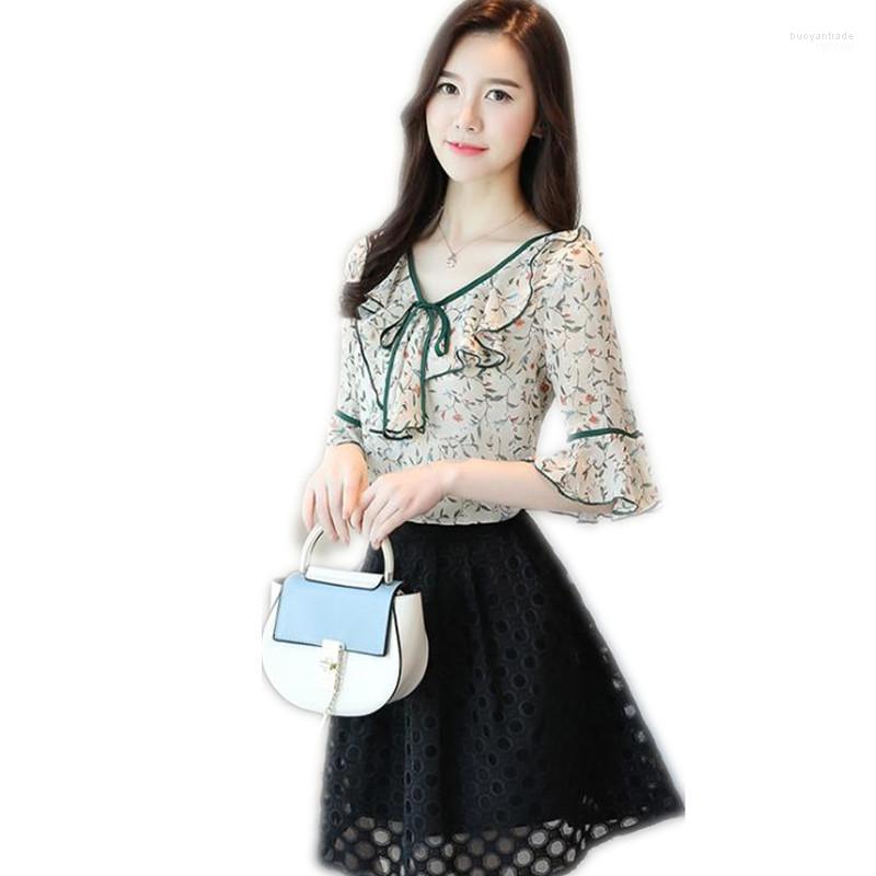 

Women' Blouses Women' & Shirts Sweet Half Flare Sleeve Women Chiffon 2022 Lace Up V-Neck Fashion Floral Clothing Ruffles Q226, Black