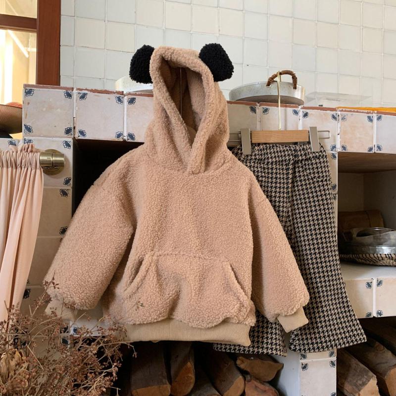 

Jackets 3903E Girl Hooded Coat 2022 Winter Korean Children's Outerwear Cute Ears Plus Velvet Warm Mao Clothes Girls Sweater, Beige coat
