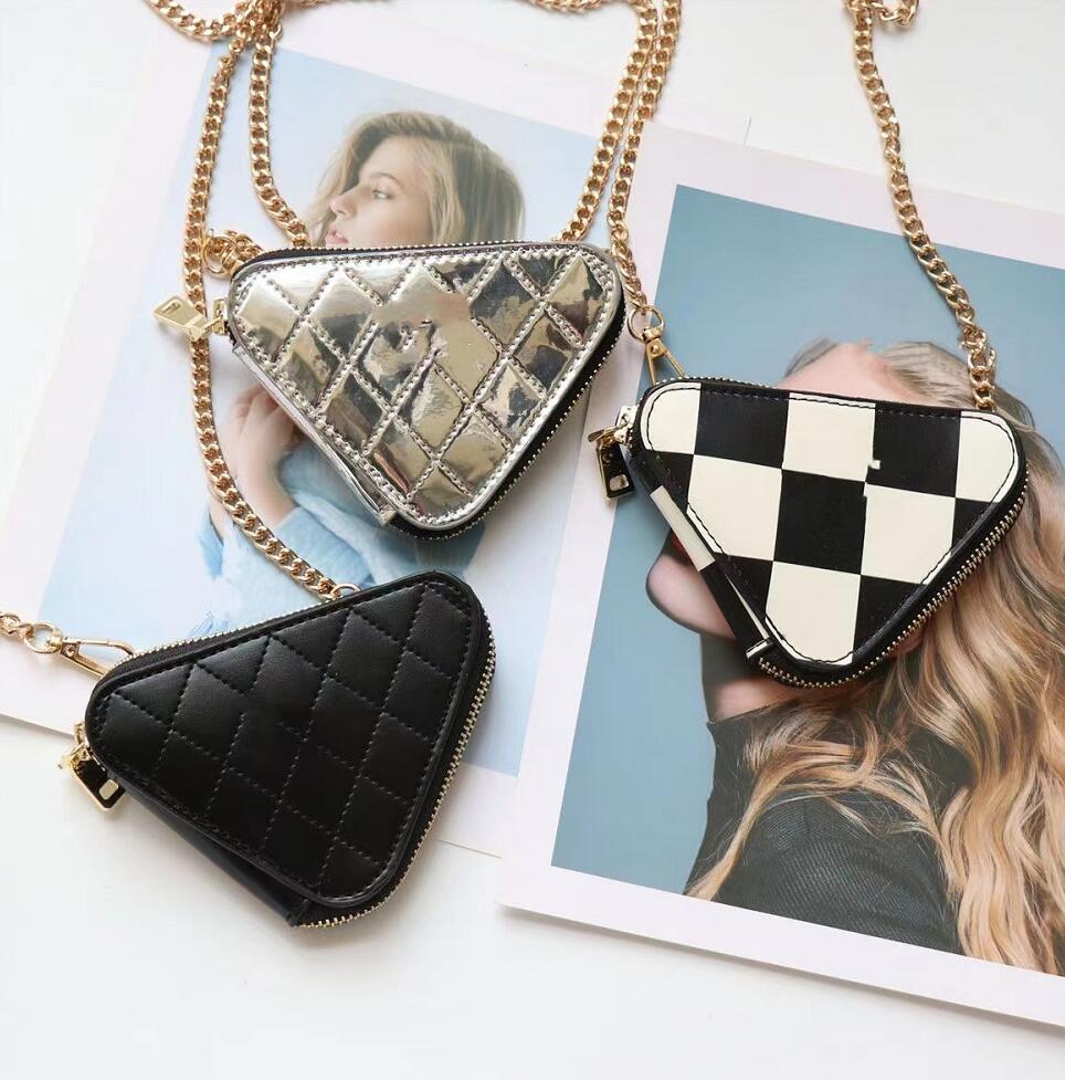 

New Style Cross Body Chain Coin Purses Women PU Lattice Single-Shoulder bag Fashion Mini Leisure Womens Zipper Triangle Wallet Change Purse Messenger Bag, Black