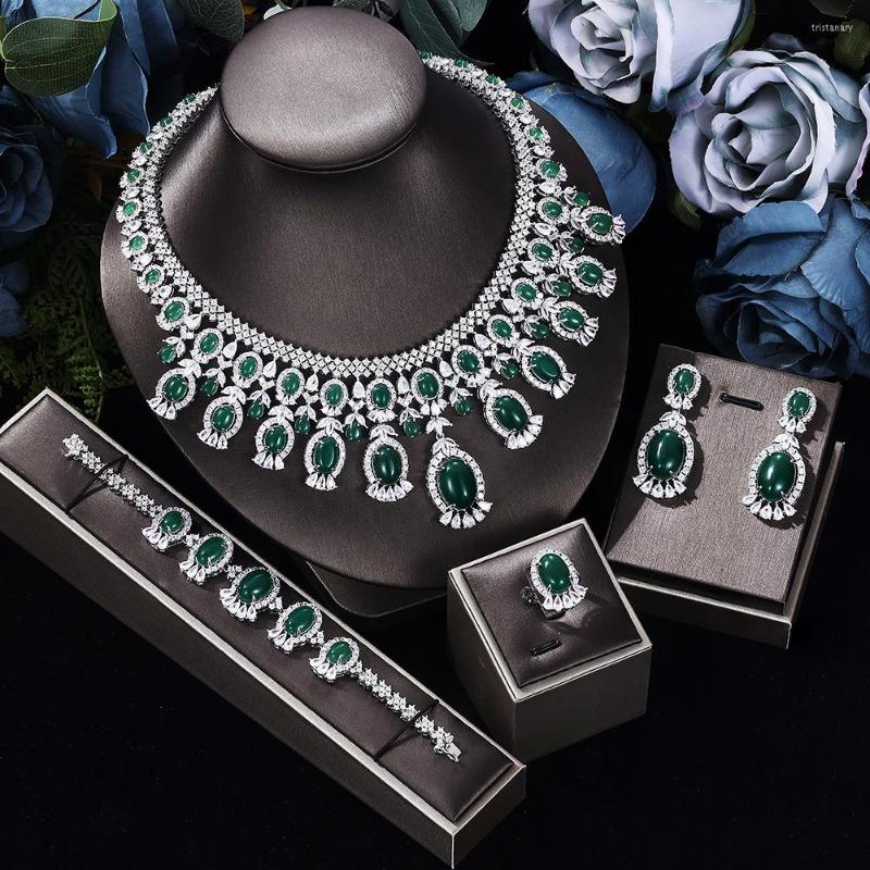 

Necklace Earrings Set HIBRIDE Big Luxury Green And Purple Color For Women Wedding Cubic Zircon African Dubai Bridal Jewelry Bijoux N-533, Picture shown