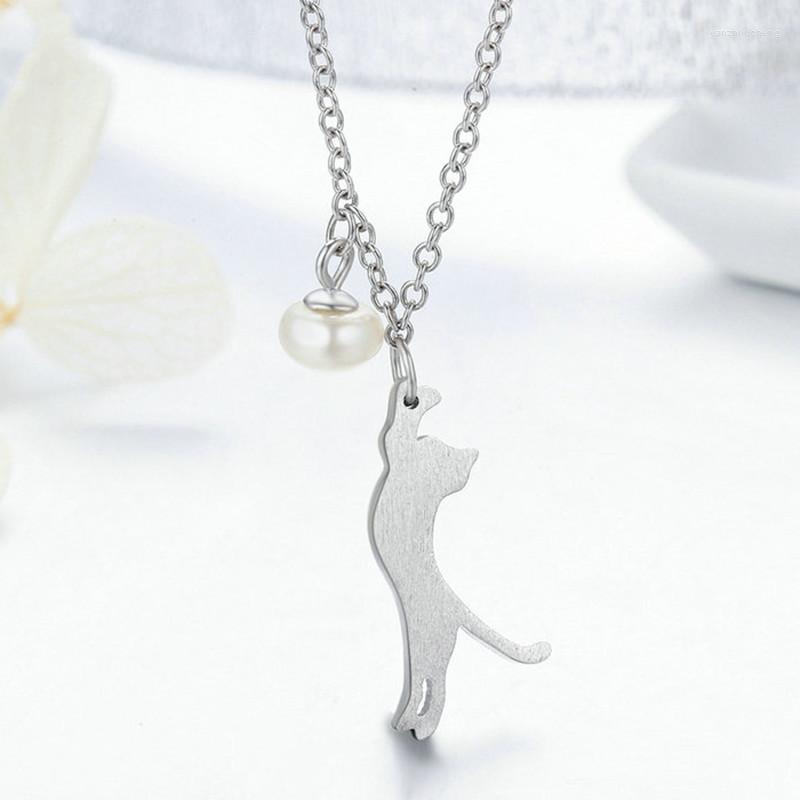 

Chains Korea Cute Animal Cat Pendant Pearl Clavicle Chain Silver Color Necklace For Women Fashion Trendy Luxury Jewelry Gift