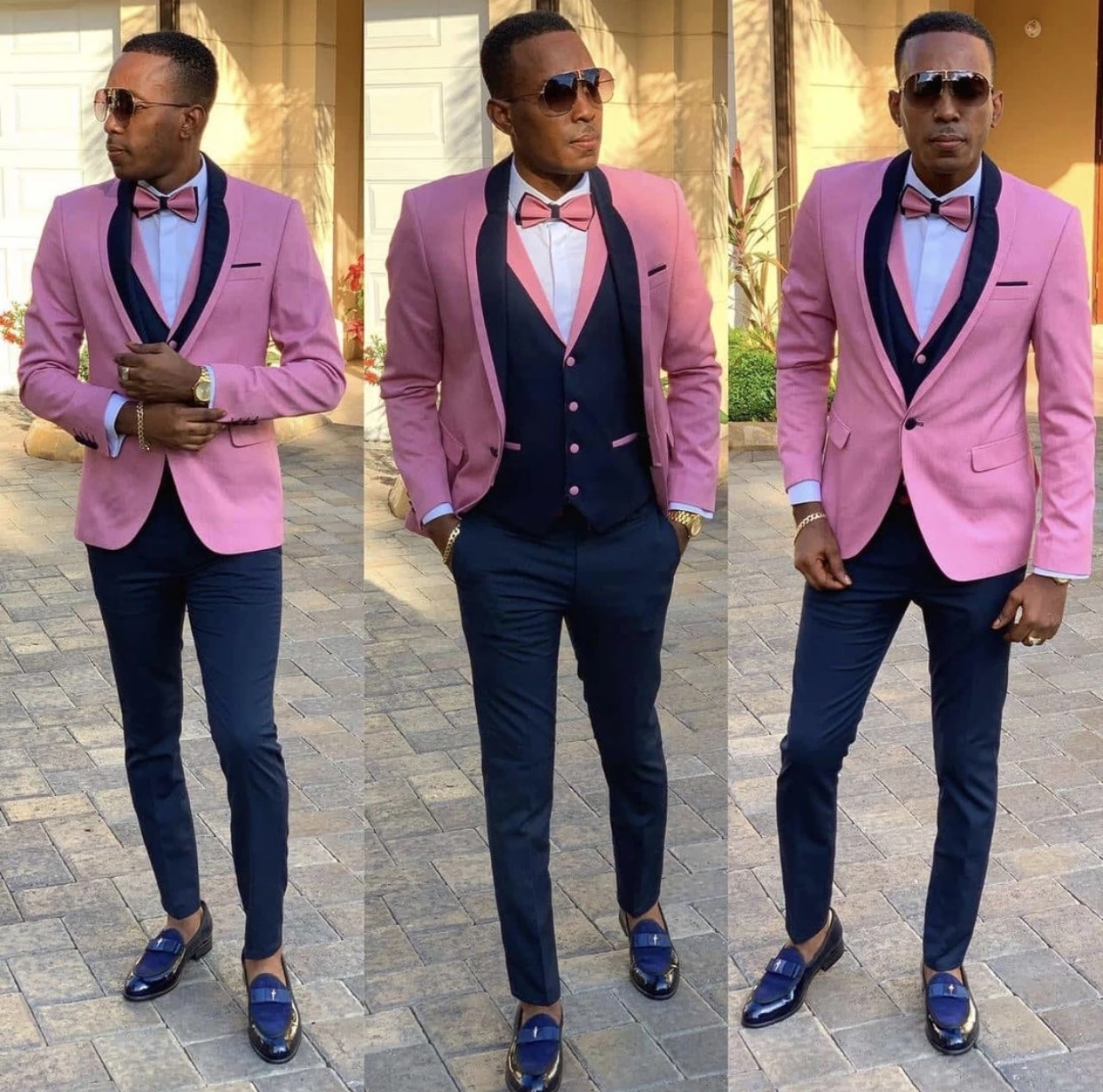 

Man Fashion Pink Men Tuxedos Slim Fit Groom Wear Formal Wedding Suits Costume Mariage Homme Smoking Business Jacket and Vest with Pants, Same as image