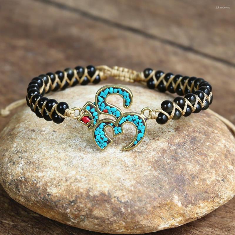 

Charm Bracelets Natural Stone Gold Obsidian OM Bracelet Men Women Handmade Braided Buddha Ohm Yoga Mala Meditation Jewelry