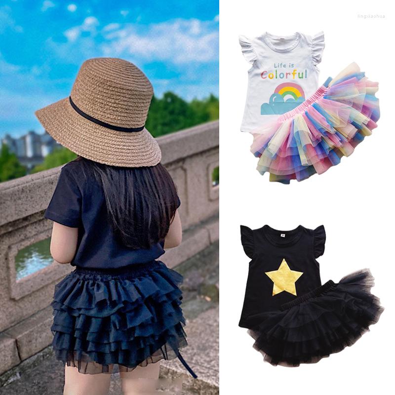 

Clothing Sets Summer Girls Fashionable Clothes Star Pattern T-shirt And Lace Cute Dress-like Short Pants Kids Children Suits, Black