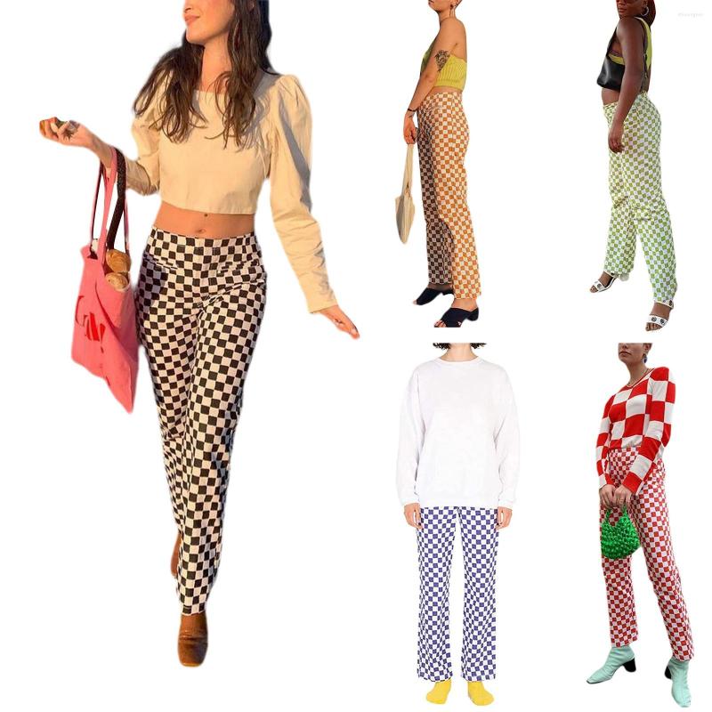 

Women' Two Piece Pants Fashion Women' Straight Leg Hirigin Trendy Checkerboard Print High Waist Full Length Lounge Loose Straight-leg, Black