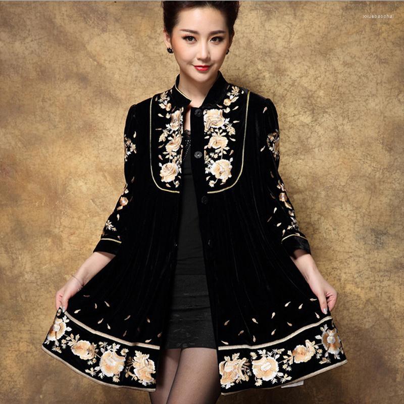 

Women's Trench Coats Design Large Size Women Coat National Style Embroidered Long XXXXL 2022 WinterAutumn Casaco Feminino, Black