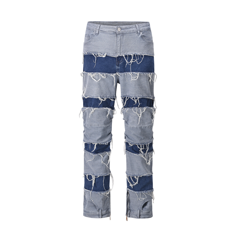 

Match Striped Tassel Blue Washed Jeans Pants for Men Straight Patchwork Ripped Baggy Denim Trousers