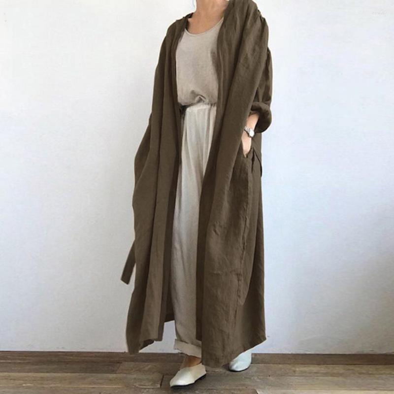 

Women's Trench Coats Women Coat Solid Color Loose Comfortable Open Stitch Long Sleeves Cardigan Ankle Length With Belt Autumn Jacket, Blue