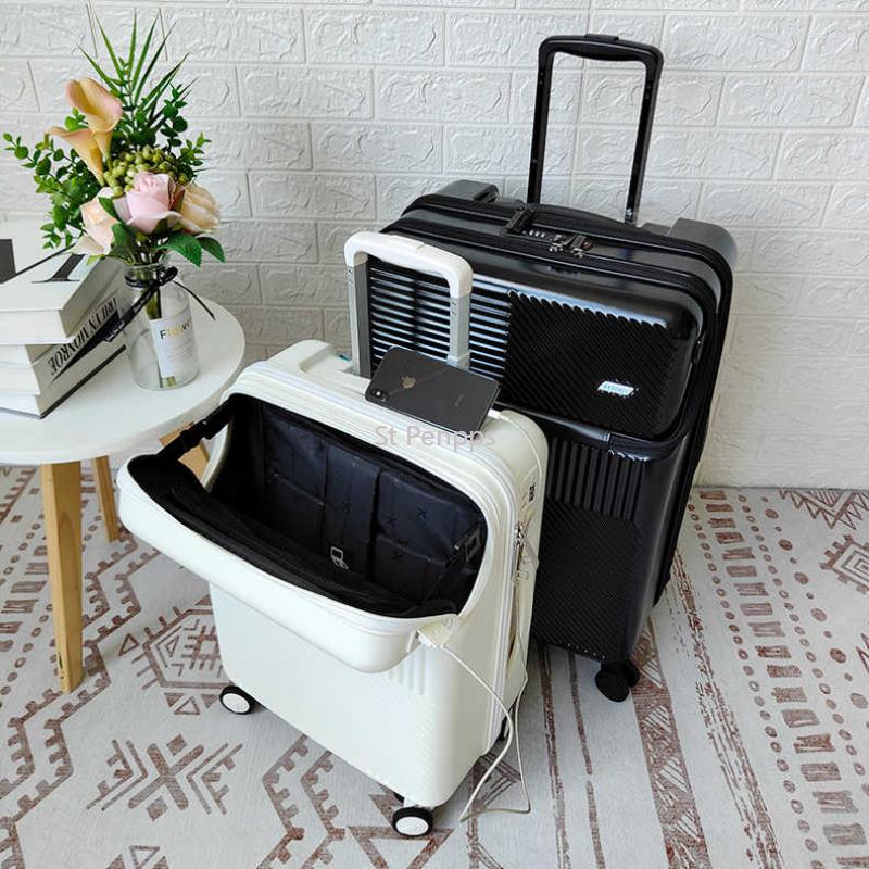 

Suitcases Luggage Unisex 20 Inch Front Opening Boarding Case Mute Universal Wheel With Charging Port Layered Multi-function Trolley