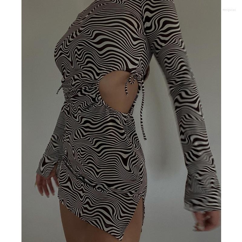 

Casual Dresses Women Sexy Hollow Bodycon Dress Round Neck Long Sleeve Zebra Stripe Pattern Cut Out Tie Up Waist Mini, As show