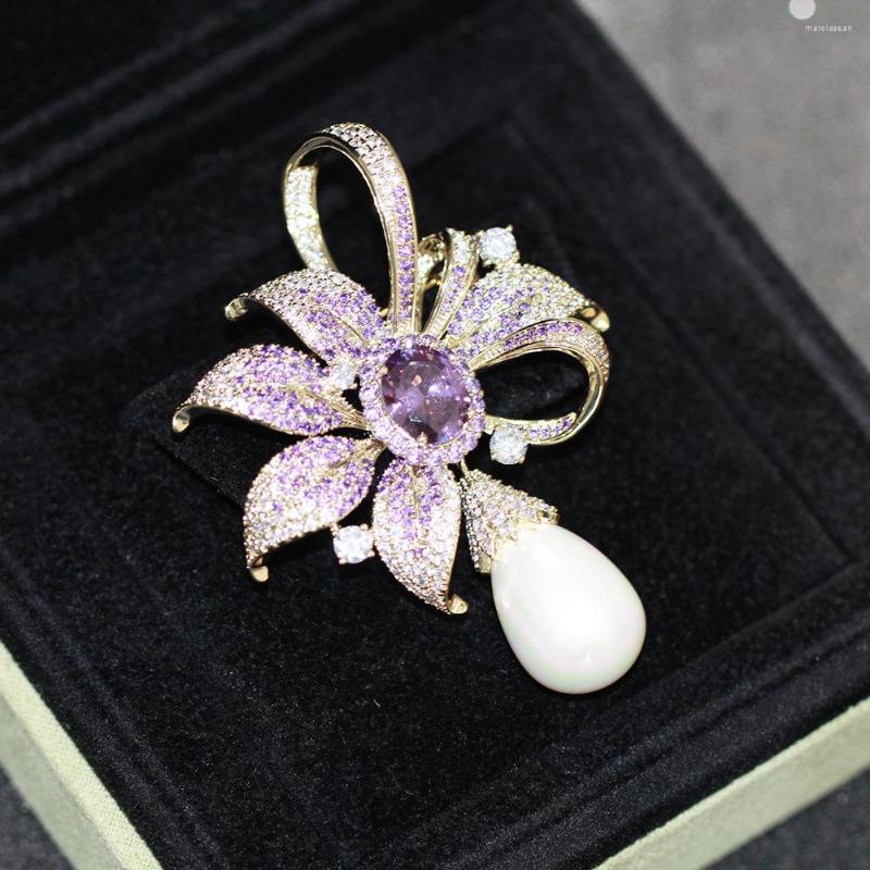 

Brooches 2022 Luxury Purple And Yellow Floral Brooch Imitation Pearl Temperament Women's Corsage Jacket Pin Accessories