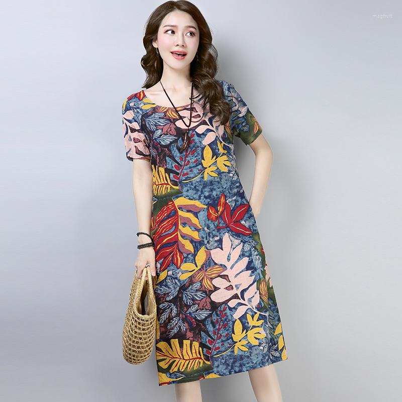 

Casual Dresses 2022 Arrival Short Sleeve Loose Summer Dress Print Floral Linen Cotton Vintage Women Holiday, Blue