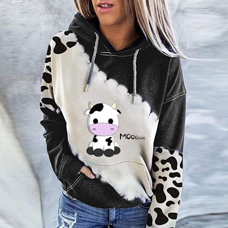 

Women' Hoodies Fashion Cute Cow Printed With Pockets Long Sleeve Sweatshirts For Women Casual Pullovers Autumn Pull Femme, Black
