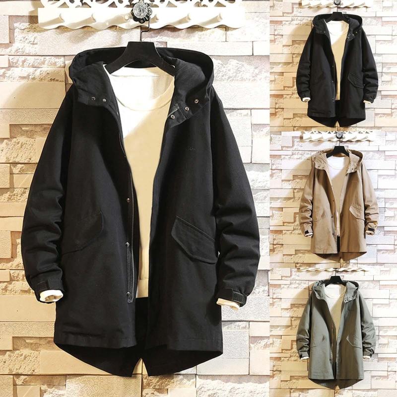 

Men's Trench Coats 2022 Zipper Men Jackets Autumn Winter Casual Fleece Bomber Hooded Jacket Scarf Collar Fashion Male Outwear Slim Fit, Black
