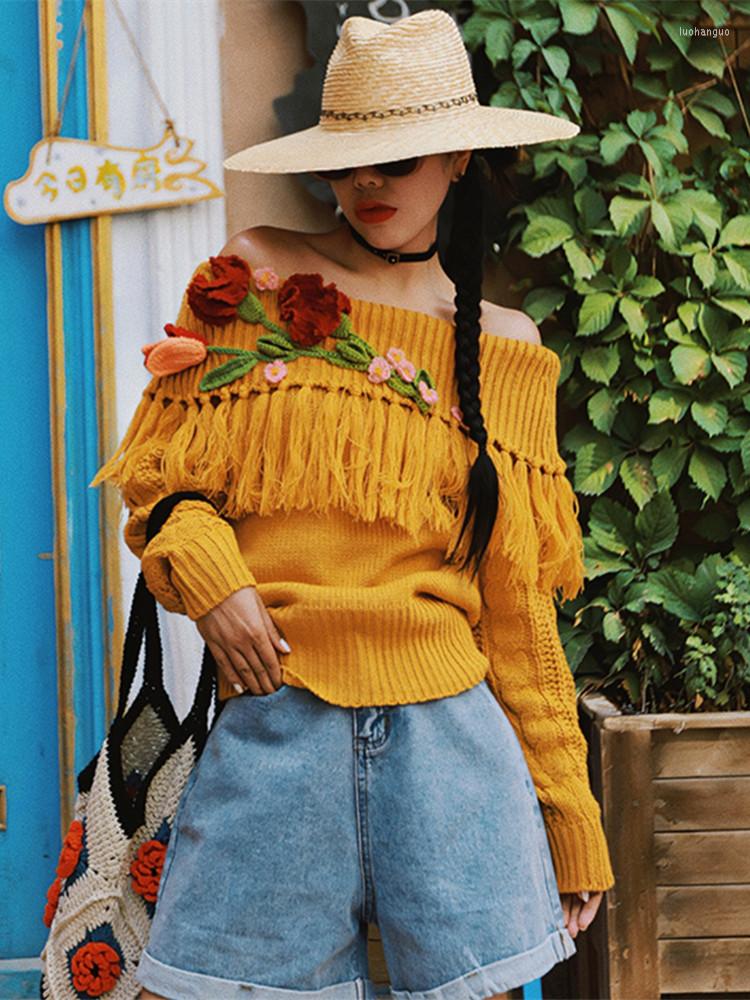 

Women's Sweaters AIGYPTOS Sweater Women Fall Vintage National Style Handmade Crochet Flower Sexy Slash Neck Tassel Pullovers Knitted, Yellow