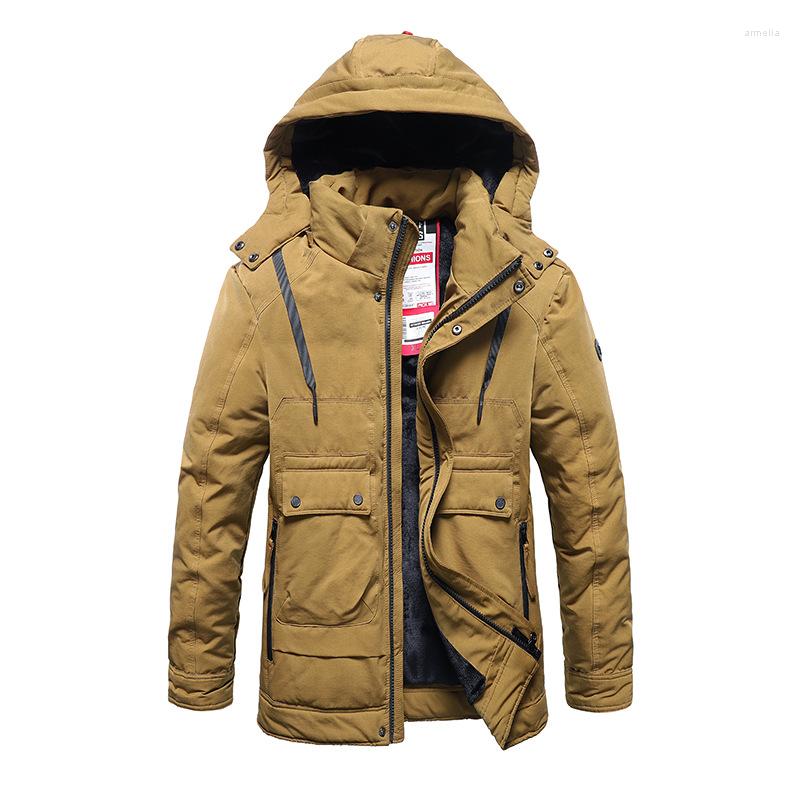 

Men's Down Men Winter Hooded Thick Fleece Parkas Jacket Hat Detachable Coat Outdoor Cargo Multi Pockets Loose Warm Trip Outwears Male, Black