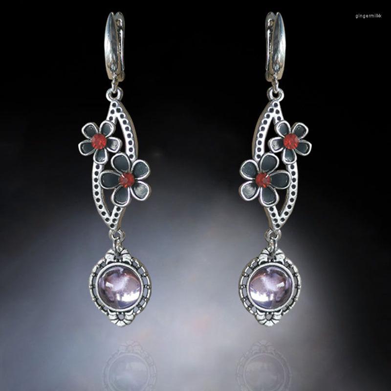 

Dangle Earrings Bohemian Summer Floral Purple Stone Drop Tibetan Silver Pink Daisy Flower Pendant Vintage Ethnic Style