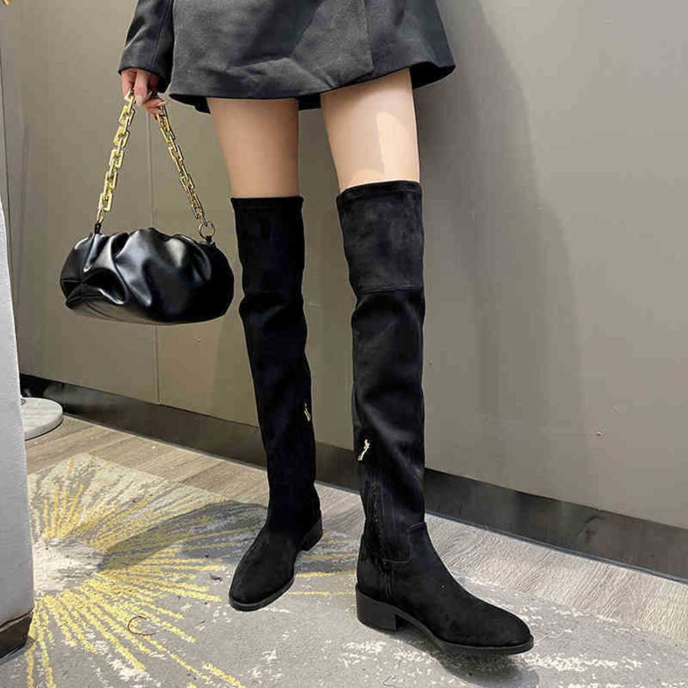 

Boots Sexy Summer Thigh High Heel for Botas Fashion Shoes Designer Knee Color Chelsea Winter Flat Wedge Matching Head Women Fur Long Female Martin Wild Casual 1116, Black