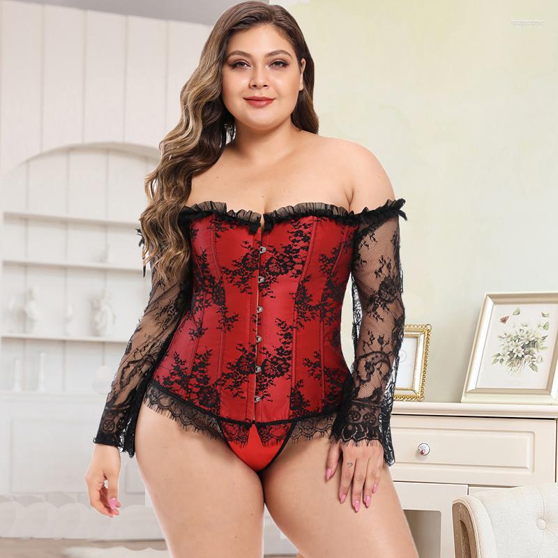 

Bustiers & Corsets Women's Gothic Off Shoulder Tank Overbust Corset Top Plus Size 6XL Lace Sleeves Retro Steampunk Bustier, Wine red corset