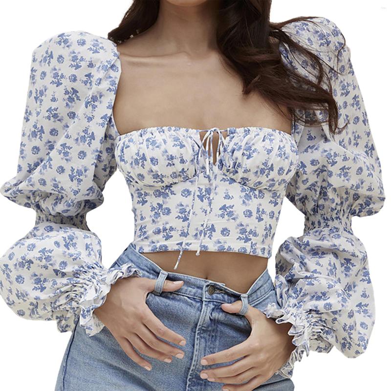 

Women' T Shirts Hirigin Women' Long Puff Sleeve Crop Tops Floral Print Low-cut Backless Long-sleeve T-shirt For Ladies Spring Summer, Blue