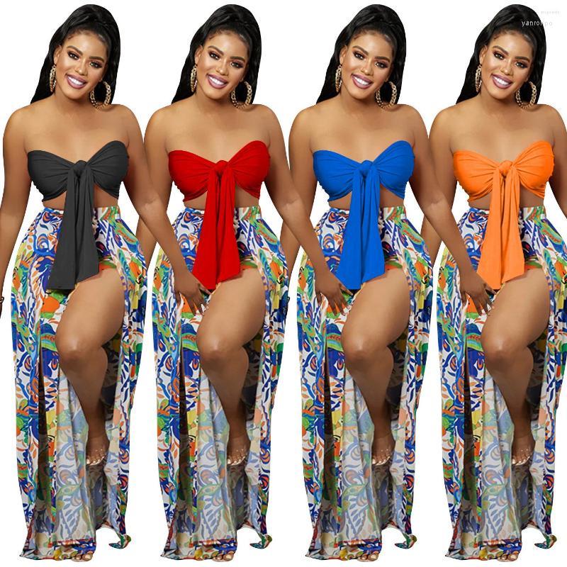 

Women's Two Piece Pants Women's Backless Bow Strapless Crop Top Floral Printed Wide Leg Side Split Set Women Sexy Casual Sweat Suit, Orange