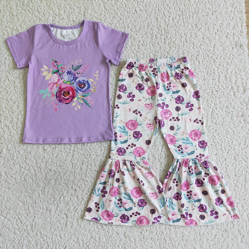 

Clothing Sets Baby Girl Purple Flower Toddler Short Sleeve Set Infant Floral Bell Bottom Pants Wholesale Kids Children Fall Clothes, Gspo0062