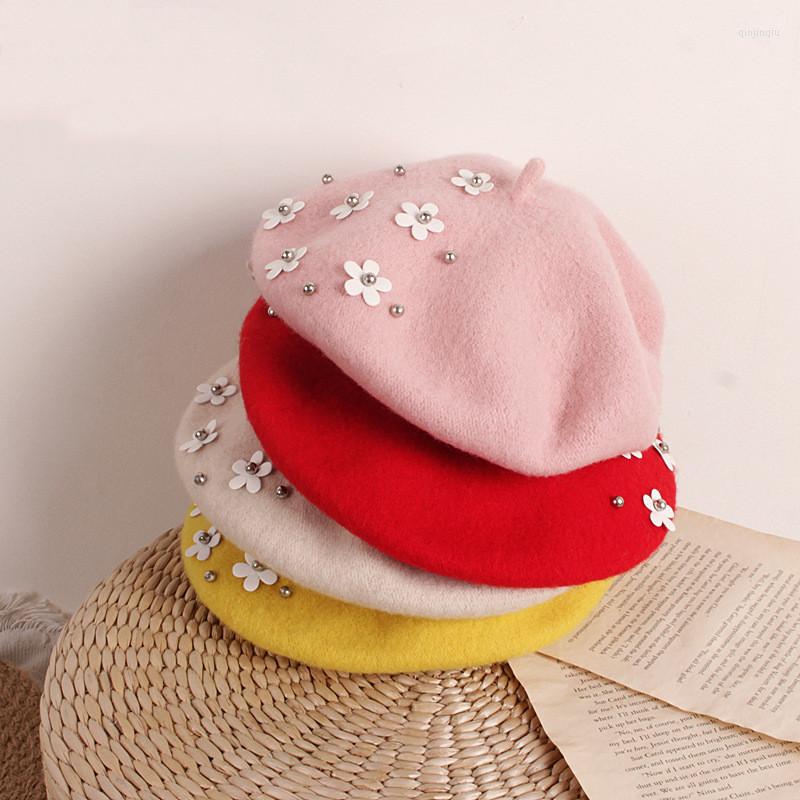 

Hats Est Fashion Elegant Winter For Girl Kids 2022 Flowers Pearls Children Girls Wool Beret Hat Warm Cap Apparel Accessories, Black