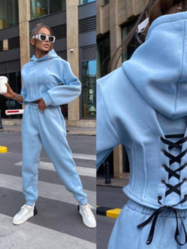 

Women' Two Piece Pants Warm Cropped Bandage Hooded Sweater Suits Women Fashion Chic Hoodies 2022 Autumn Female Streetwear Sports Outfit, Red