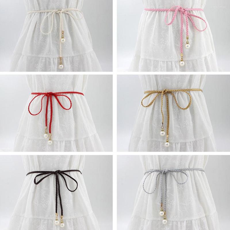 

Belts Candy Colors Braid Belt For Dress Women Style Thin Waist Chain Rope Braided Big Pearl Party Decoration, White