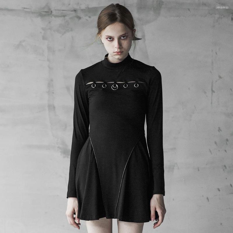 

Casual Dresses PUNKRAVE Women's Dress Gothic High Collar Skinny Iron Circle Decorative Knit Wrap Rope Hem Long Sleeve Half, Black
