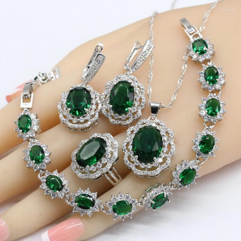 

Necklace Earrings Set Green Crystal Silver Color Bridal For Women Pendant Bracelets Rings Gift Box, Picture shown