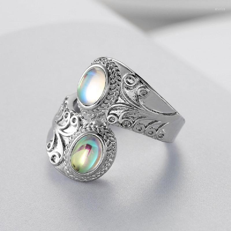 

Wedding Rings Natural Stone Moonstone Ring Exaggerated Carved Punk Style Birthstone Engagement Jewelry Size 6-10