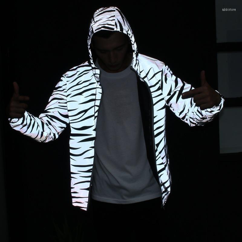 

Men' Jackets Reflective Glowing Jacket Zebra Stripes Men Women Windbreaker Couple Glitter Glow In The Dark Outwear Zip Up Hooded Hip Hop, Striped