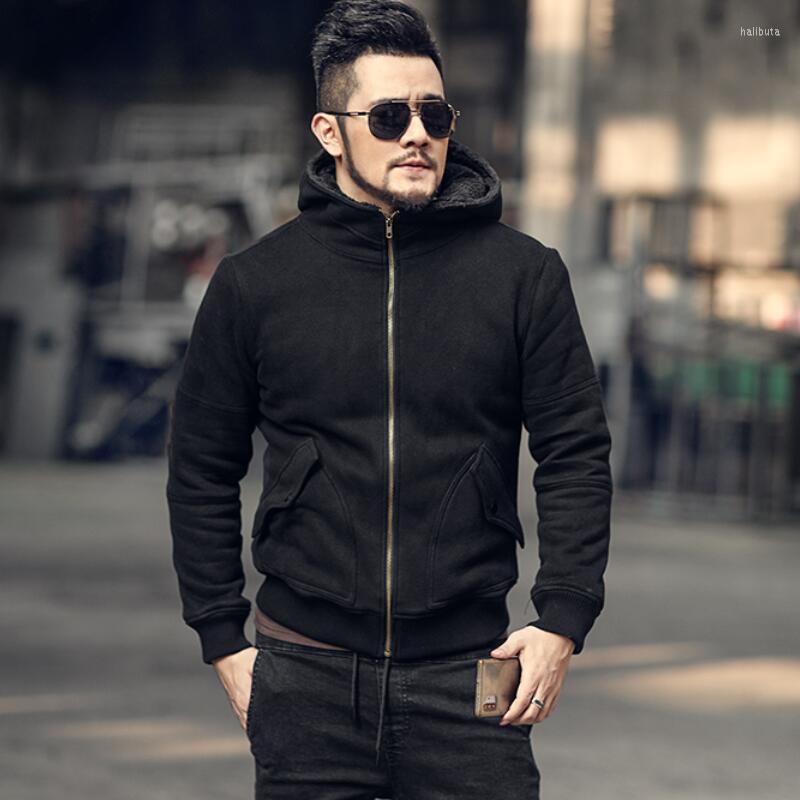 

Men's Hoodies Winter Thickened Warm Plush Inner Men's Hooded Jacket Black Sweater F6025