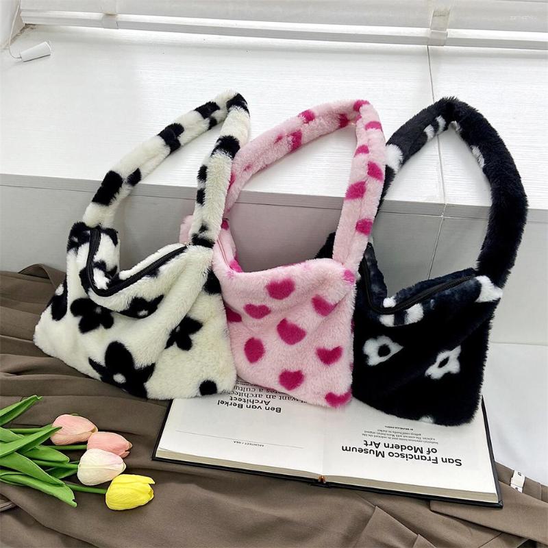 

Evening Bags 2022 Winter Love Heart Print For Women Soft Plush Flower Female Small Travel Warm Fluffy Underarm Bag, White