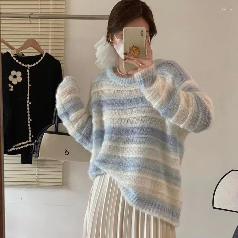 

Women's Sweaters Autumn Winter Oversized Knitted Sweater Pullover Women Tops Clothing Stripe Loose O Neck Jumper Clothes Sueter Mujer 696F, Pink