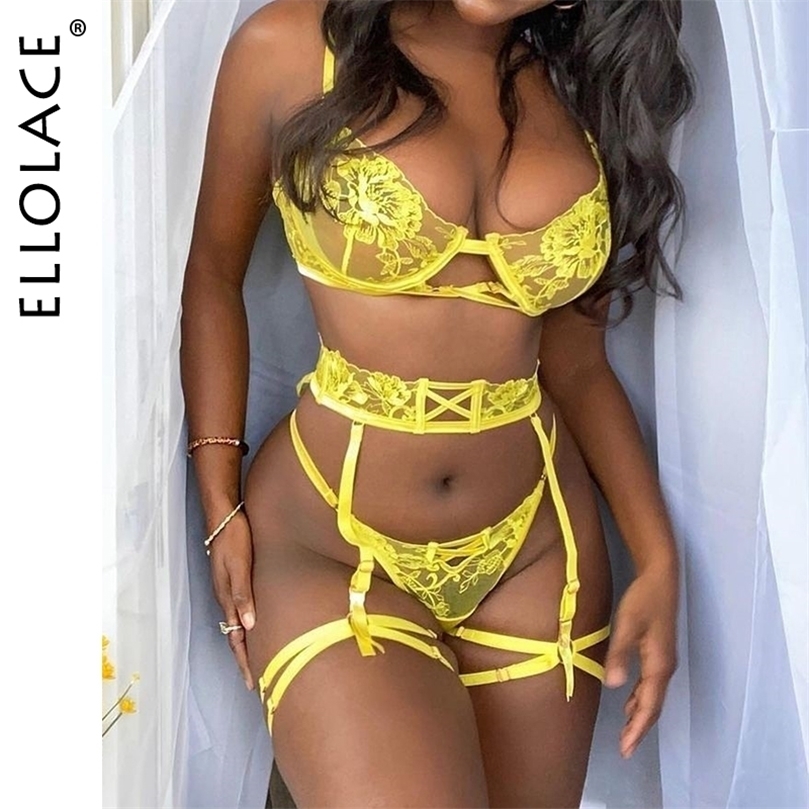 

Sexy Set Ellolace Exotic Womens Underwear Transparent Bra Sensual Lingerie 3 Piece Set Sexy Lace Brief Sets Hollow Bilizna Langerie 221010, Yellow