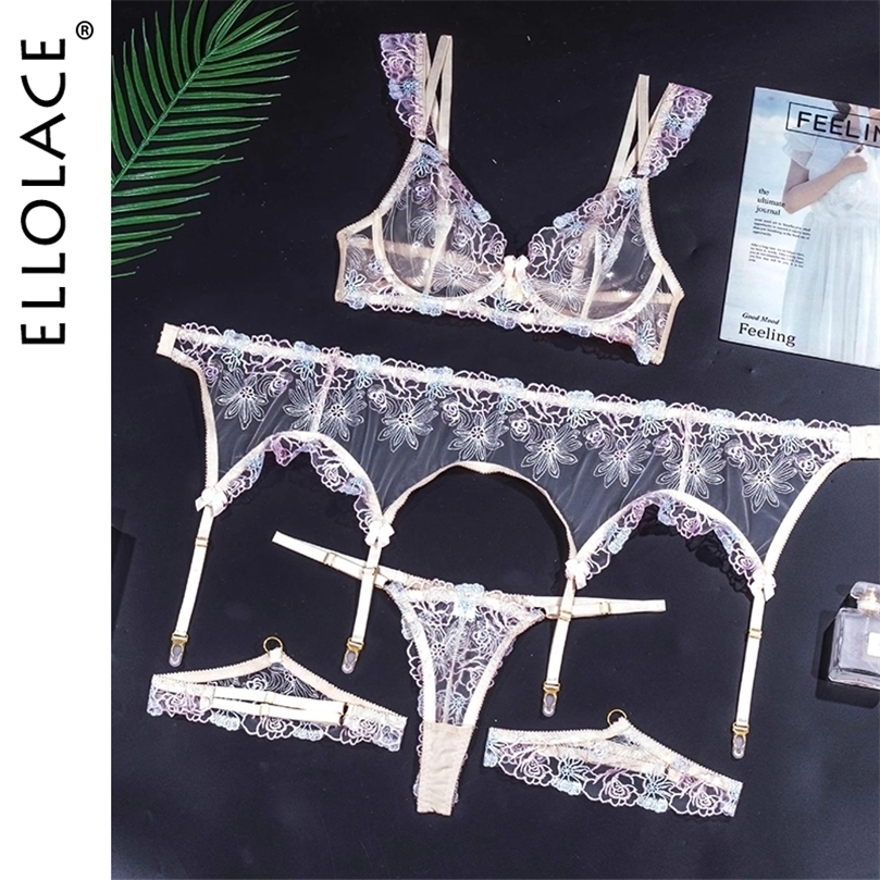 

Other Panties Ellolace Lingerie Luxury Lace Floral Embroidery Sensual Intimate 4Piece Transparent Bra Fancy Underwear Garter Bilizna Set 221010, White