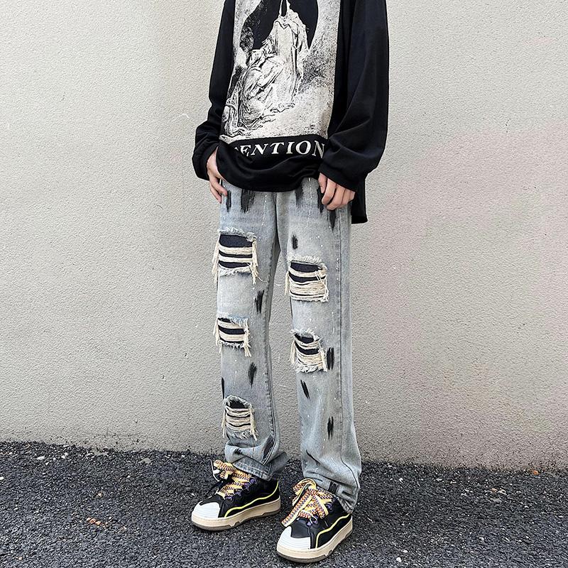 

Men' Jeans For Men 2022 Autumn/Winter Retro Blue High Street Ink Splash Hip Hop Loose Ripped Straight Leg Trousers