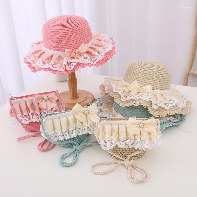 

Hats Holiday Child Straw Hat Shoulder Bags Set Girl Sweet Princess Lace Bow Sun Baby Beach Floppy Panama Casquette Gorros, Khaki hat