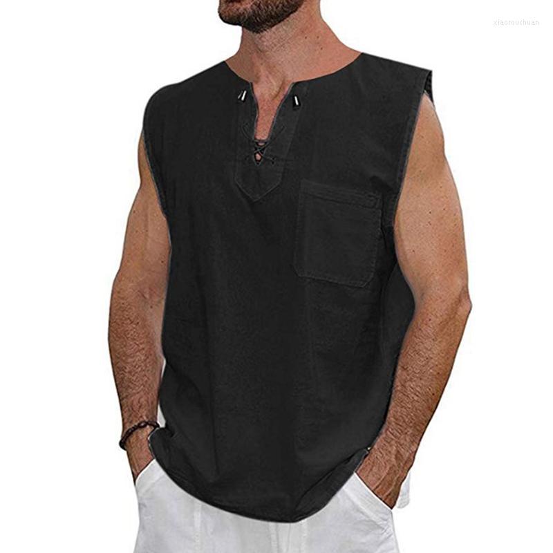 

Men's Casual Shirts Men's Sleeveless Shirt Top Summer Solid Cotton Vest Blouse Cross V-Neck Design Male Slim Tees With Pocket Clothing, White