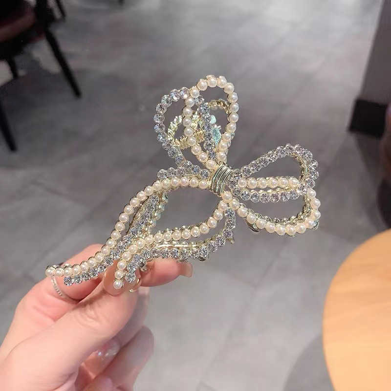 

Hair Clips Korean elegant bow pearl clip headdress hairpin net red tidal shark clip