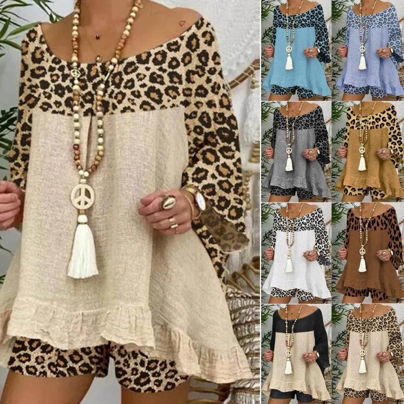 

Women's Tracksuits 2Pcs/Set Ruffle Hem Leopard Blouse Shorts Set Summer Pullover Elastic Waist Outfit All-matched O-neck 3/4 Sleeve Top, Grey