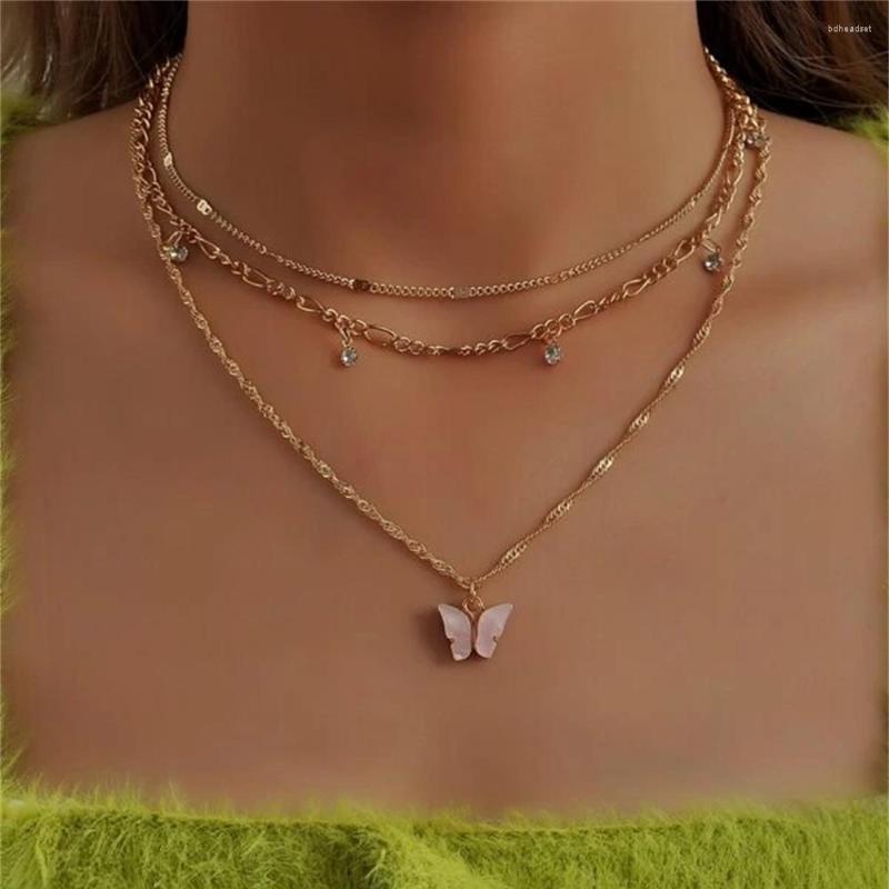 

Chains Fashion Gold Plated Chain Colorful Butterfly Crystal Beads Pendant Necklace For Women Female Vintage Multilevel Jewelry Gift