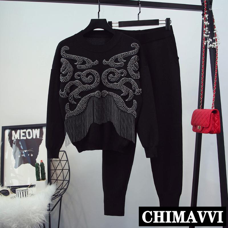 

Women' Two Piece Pants Autumn And Winter Women' Long Sleeve Heavy Beads Tassel Sweater Knitted Female Casual Track Suit Sports, Black