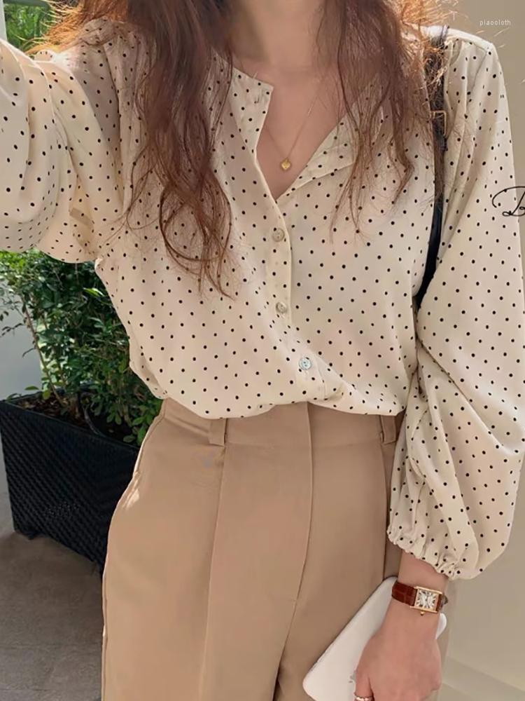 

Women' Blouses 2022 Spring Autumn Women Polka Dot Chiffon Blouse Elegant Lantern Sleeve V-Neck Fashion Shirt Office Lady Casual Tops, Black