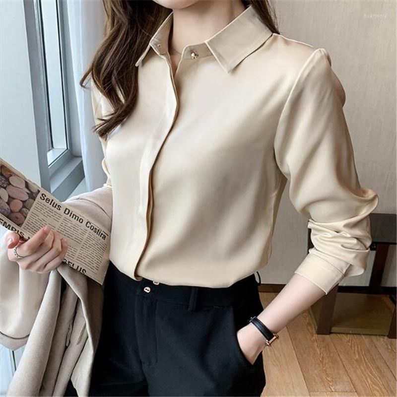 

Women's Blouses Satin Women's Shirts Autumn Fashion Silk Button Solid OL Elegant Ladies Top Long Sleeve Blouse Basic Women Shirt, Gray