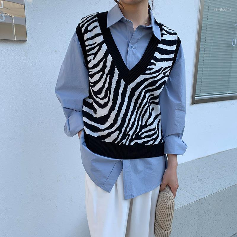 

Women's Vests Zebra Print Sleeveless Sweater Women's 2022 Autumn V-neck Knitted Jacket All-match Vest, Brown